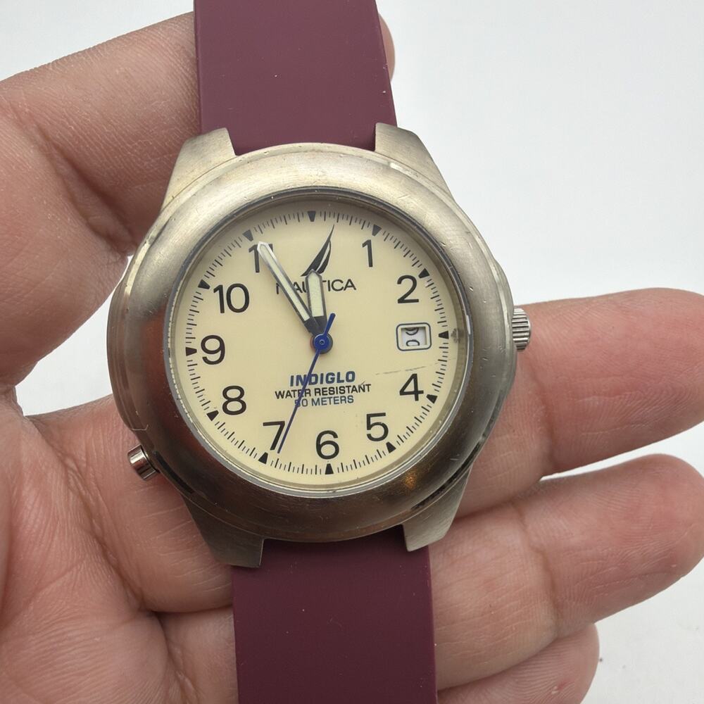Vintage Nautica Indiglo Analog Quartz Watch New Battery Burgundy Strap